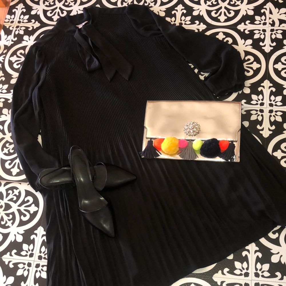 Nanette Lepore Tie Neck Pleated Black Dress, Sz 10